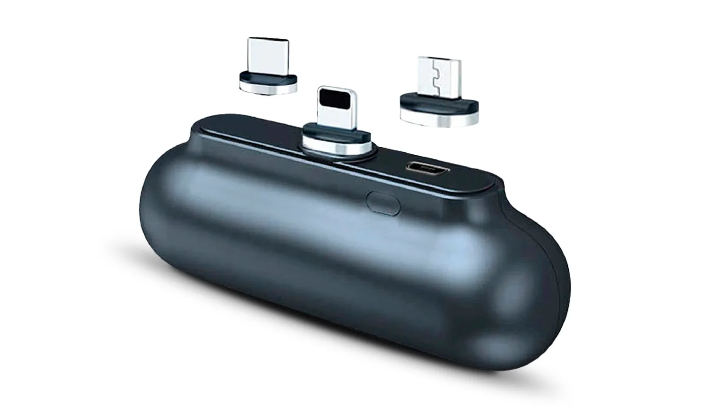 Snap-N-Charge battery with the three magnetic tips beside it