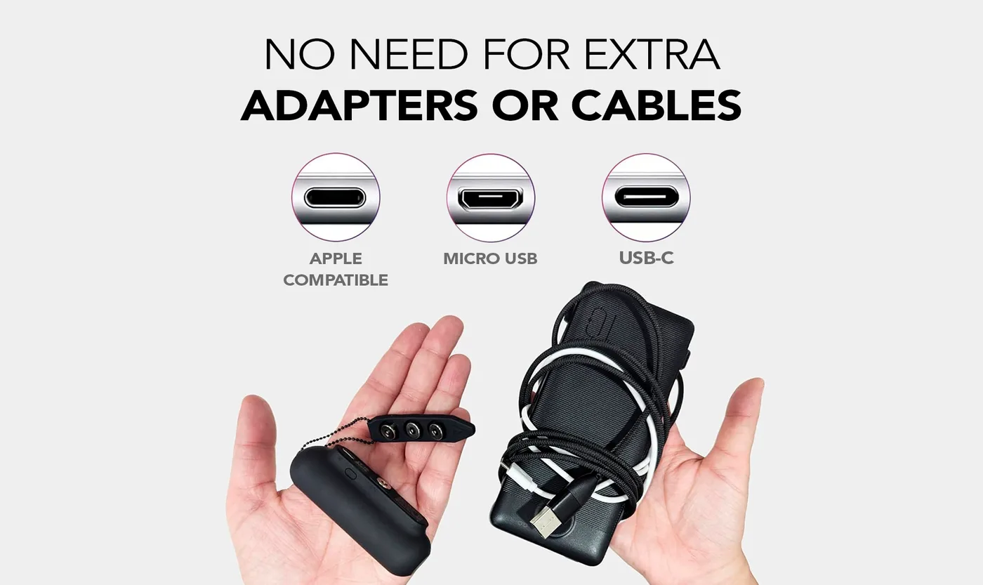 Snap-N-Charge with tip keychain in one hand, a tangled cable and adapter in the other